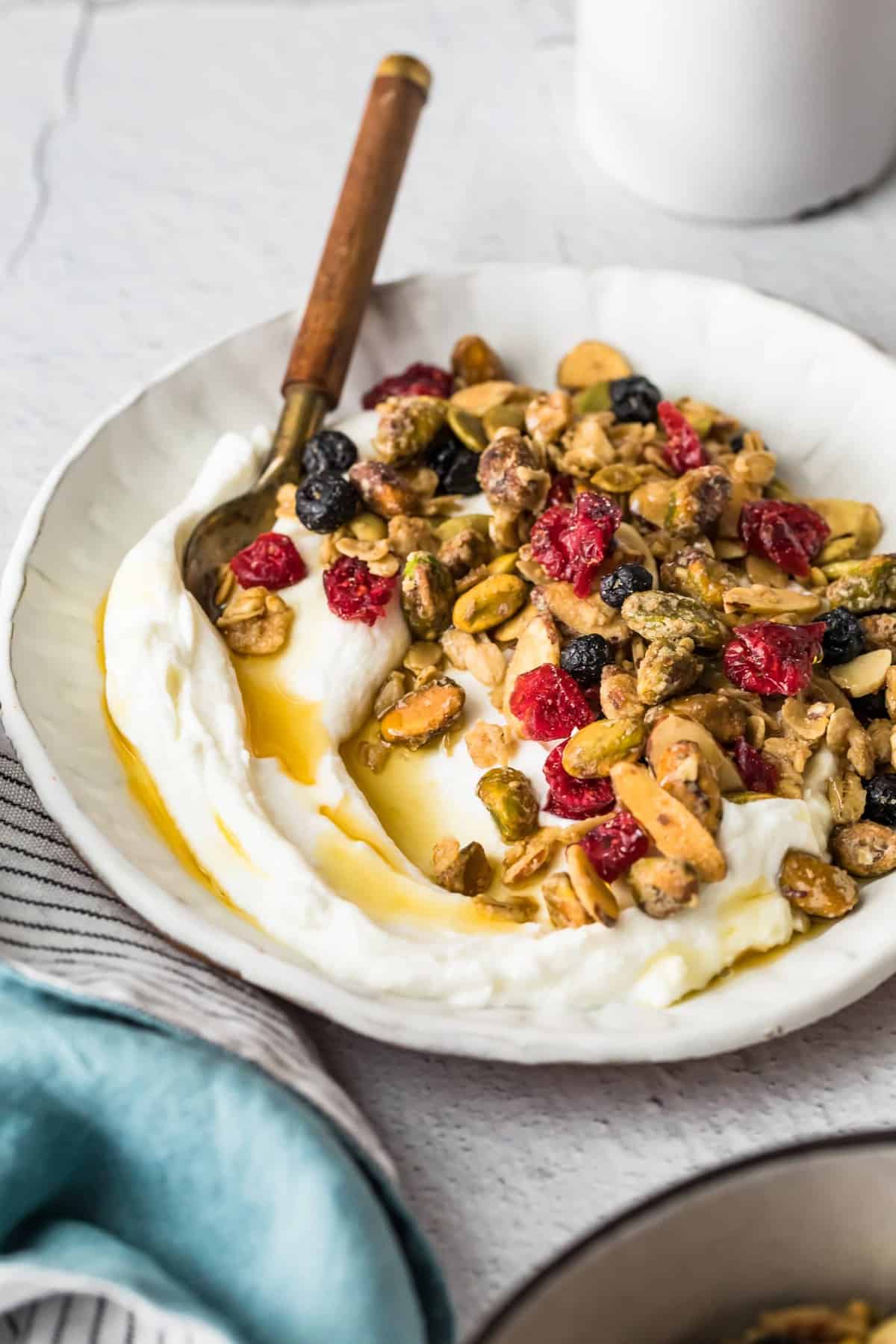 Close up of maple syrup granola served for breakfast