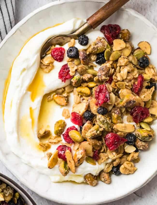 maple granola and yogurt in a bowl