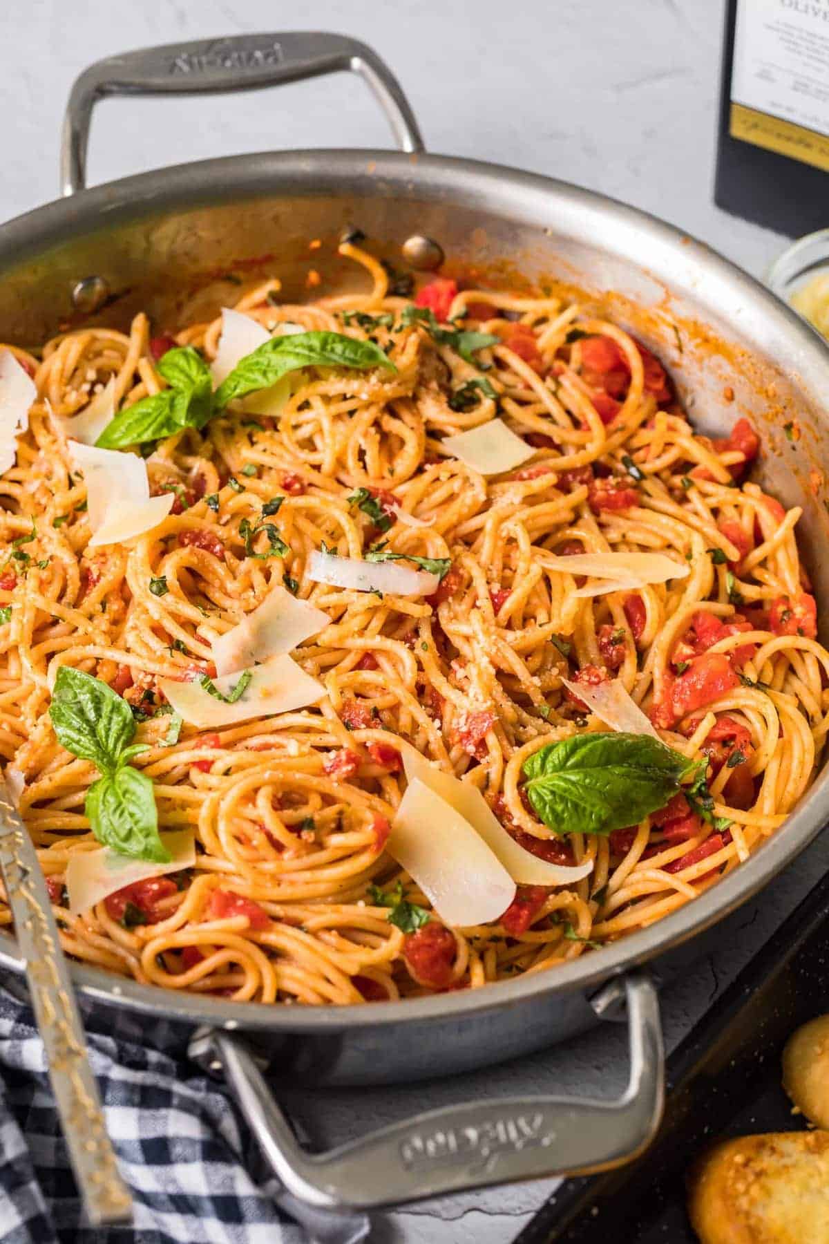 Pasta Pomodoro topped with parmesan