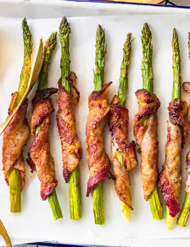 bacon wrapped asparagus with dijon on platter