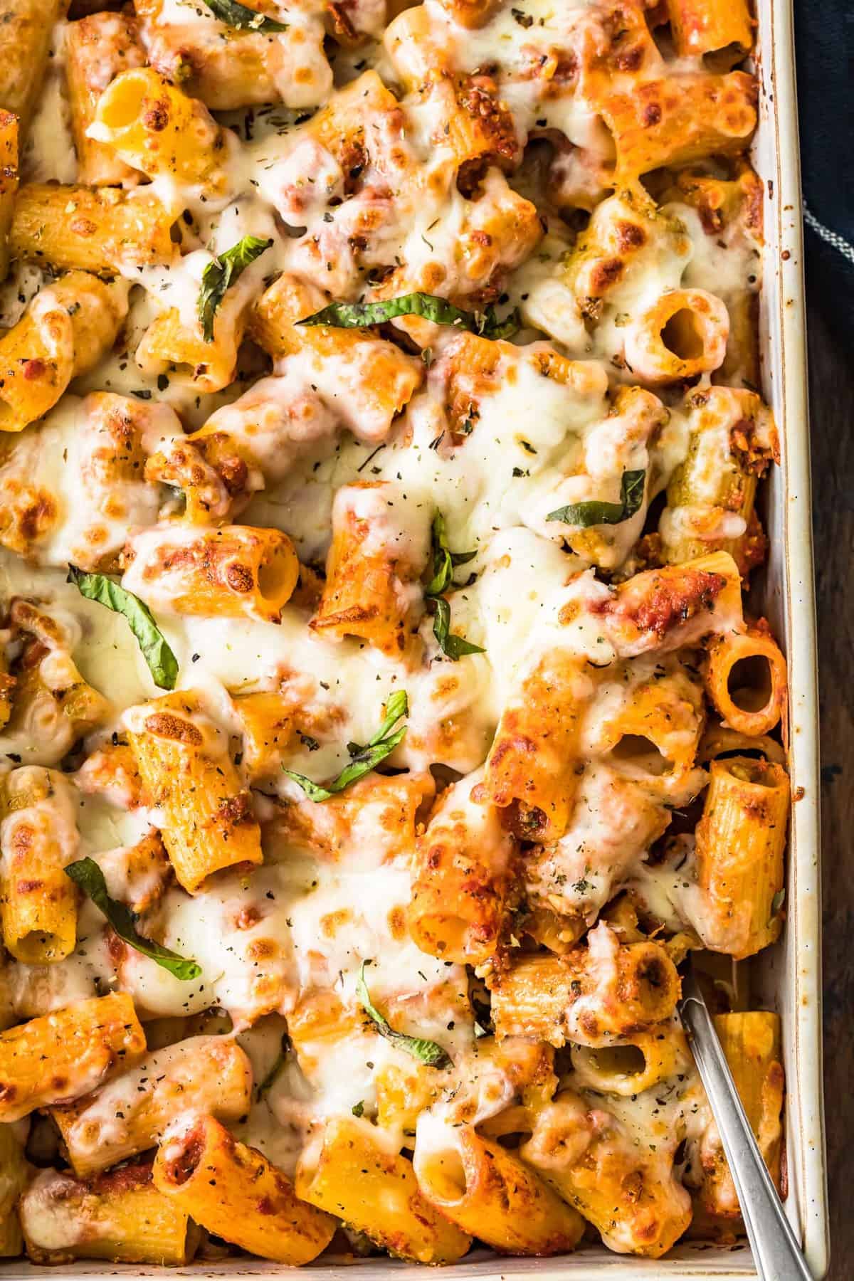 Top shot of baked rigatoni just out of the oven