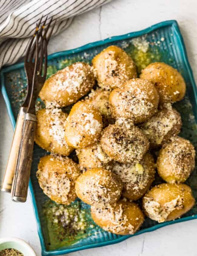 roasted potatoes on blue tray