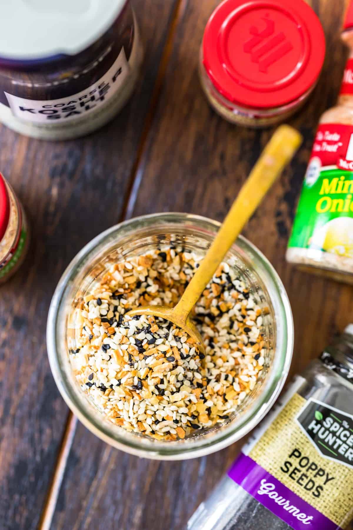 everything bagel seasoning surrounded by spices used for recipe