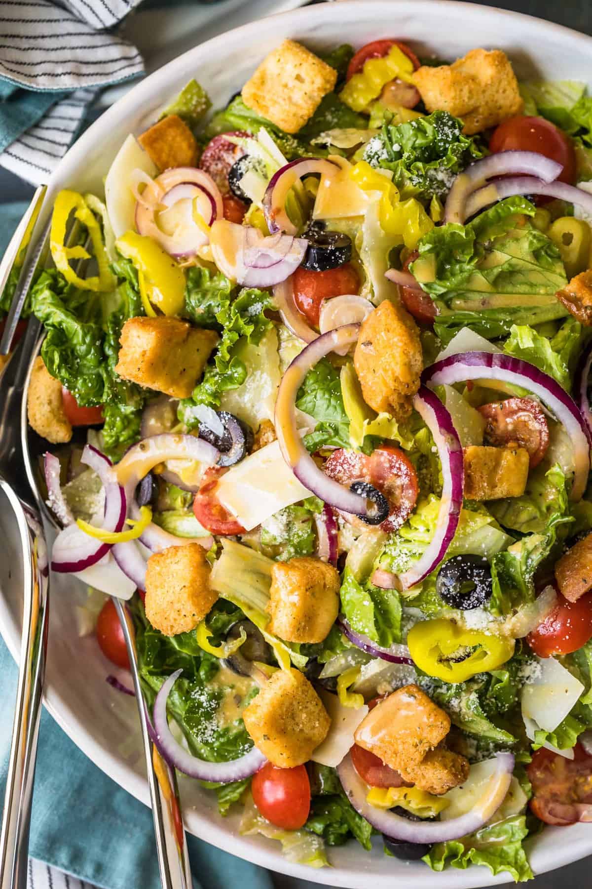 Top shot of a salad in a white bowl