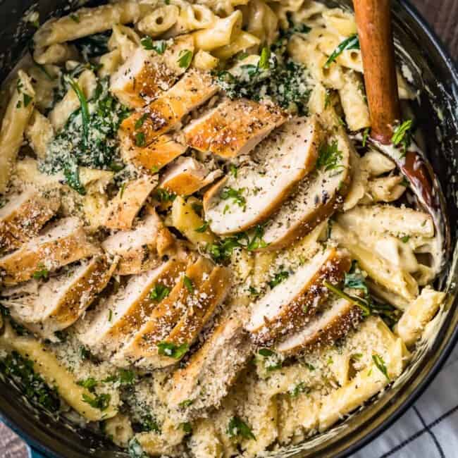 creamy chicken florentine pasta in bowl