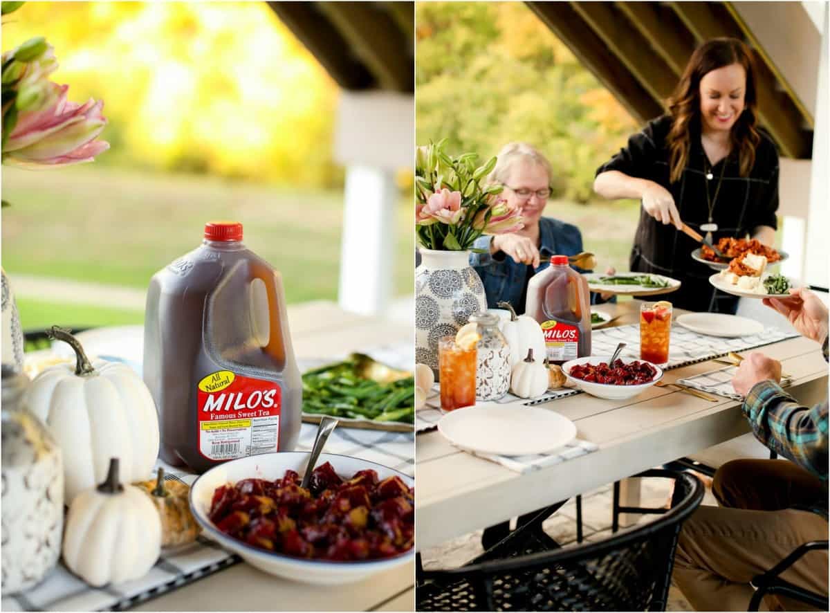 Photo collage of Milo's Sweet Tea next to white pumpkins and a family serving food to each other at Thanksgiving Dinner