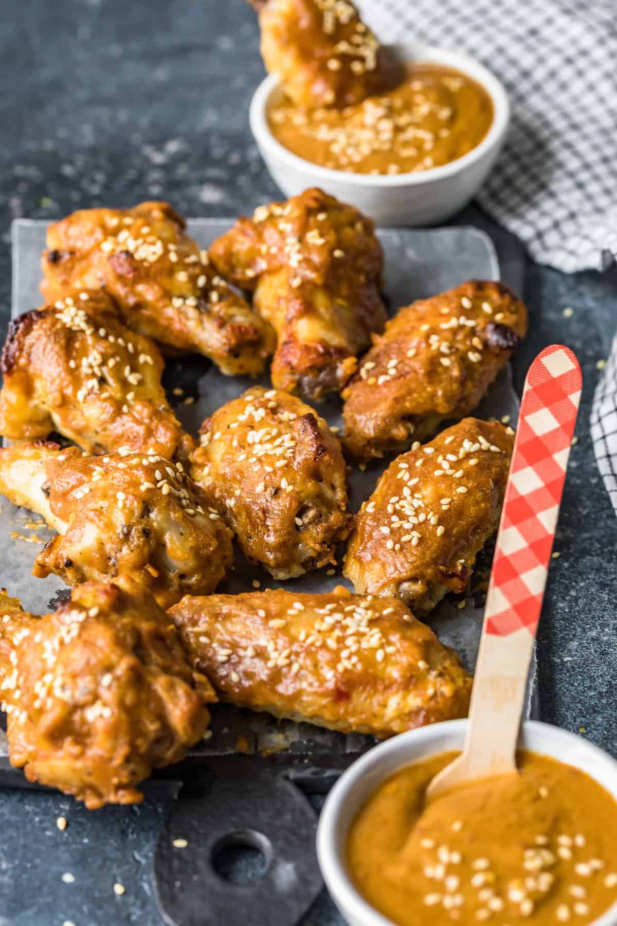 Thai Chicken Wings on a board ready to serve