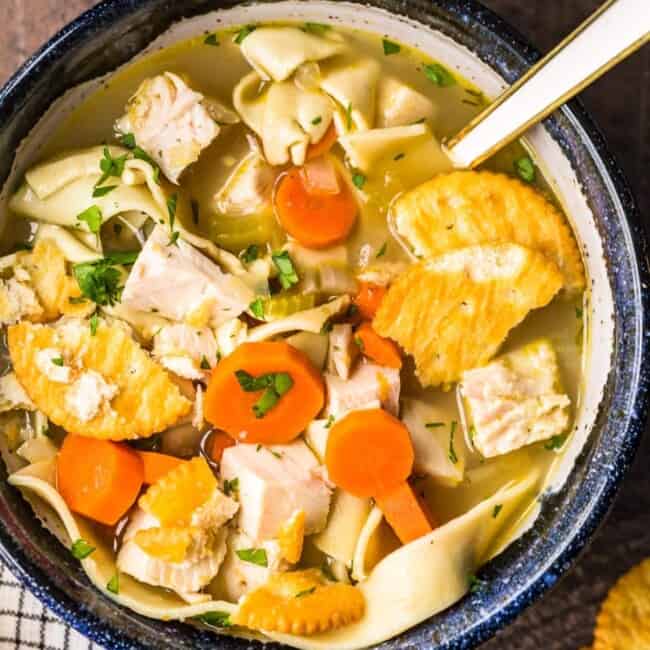 turkey noodle soup in bowl