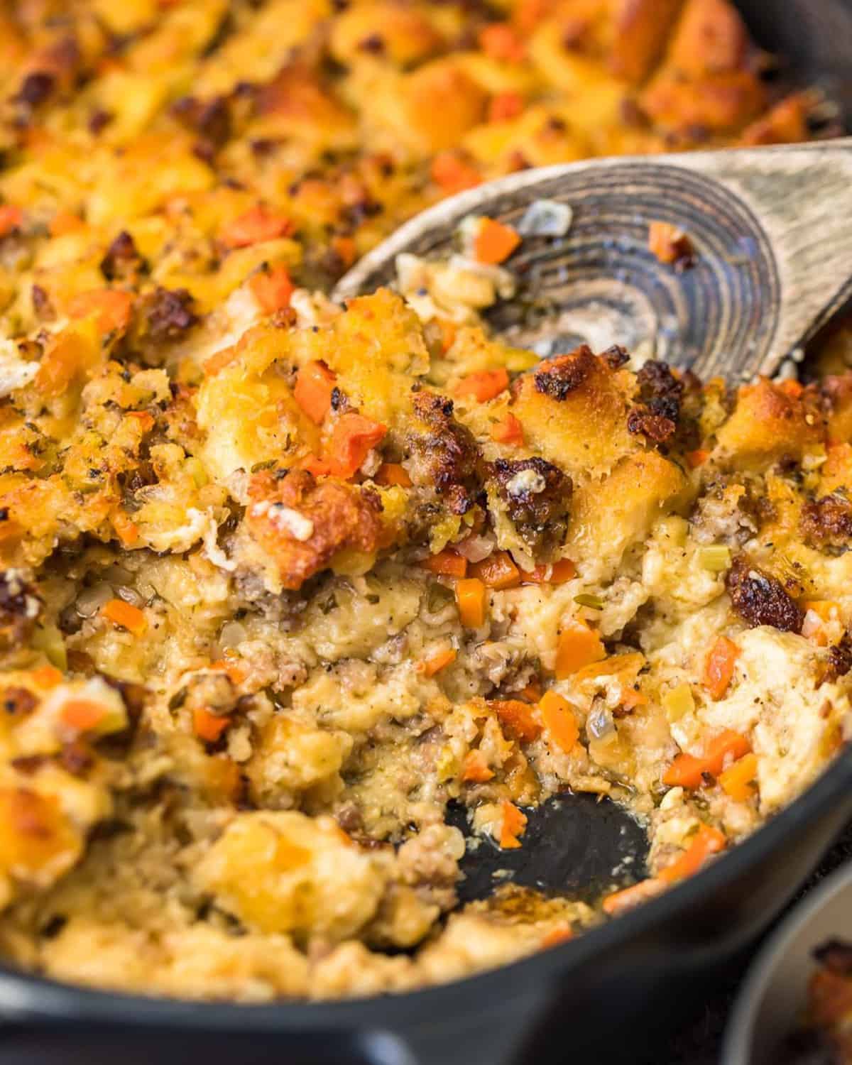 Breakfast casserole with sausage in a skillet.