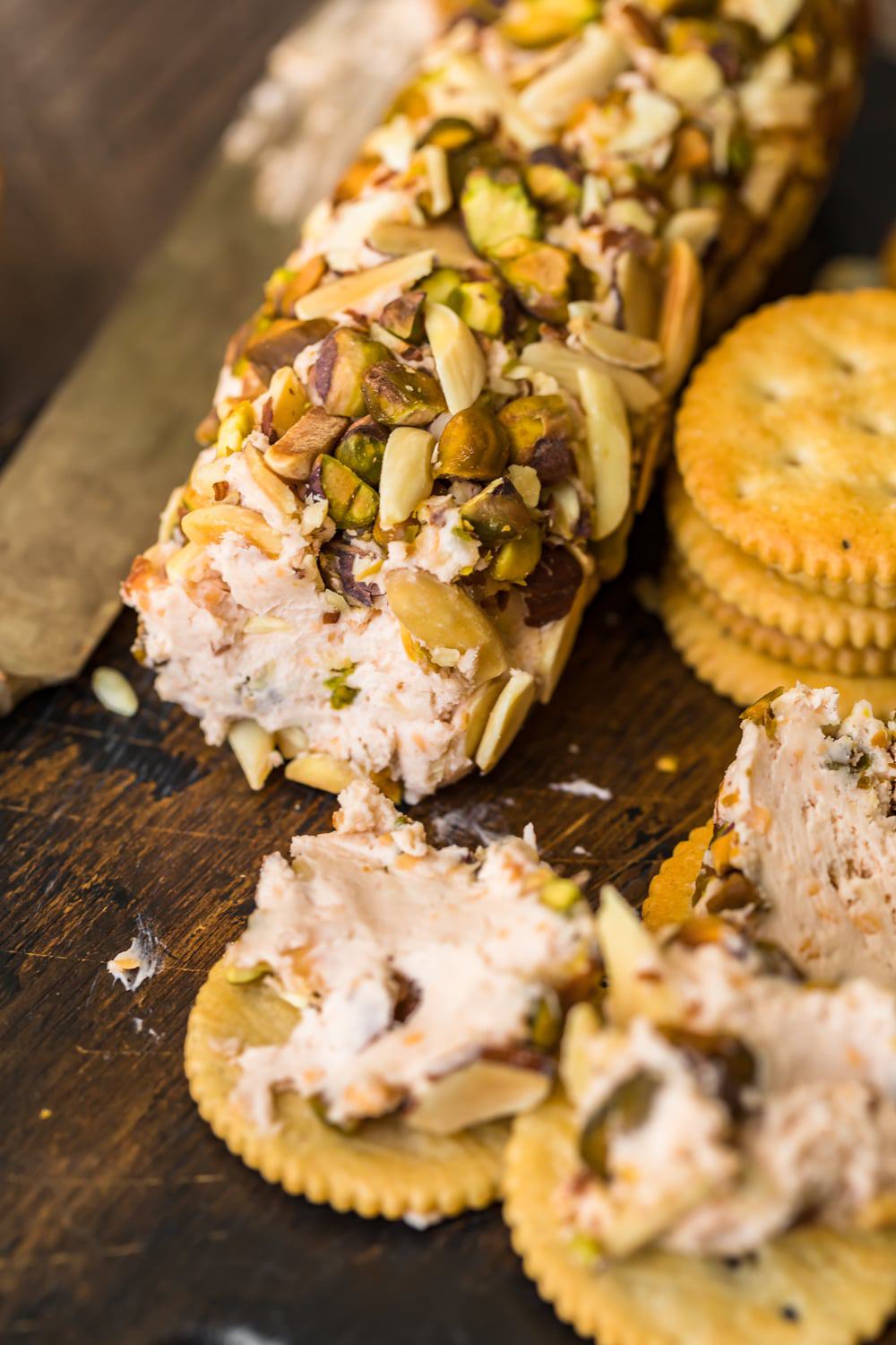 Close up of the crushed nuts on the port wine cheese log