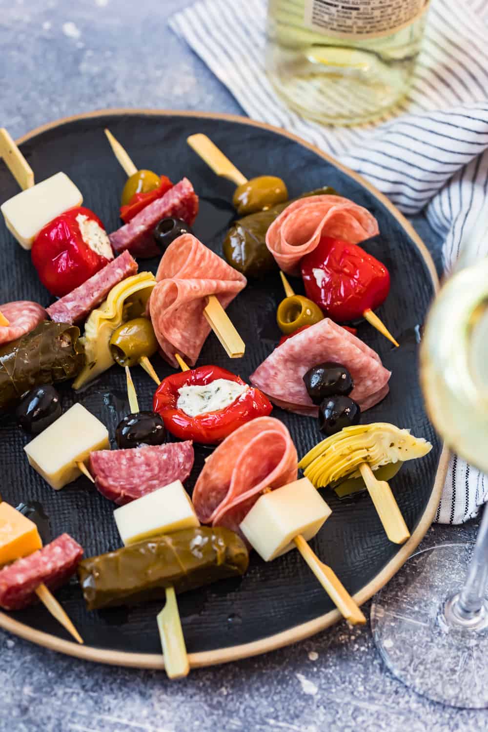 antipasto skewers on a plate