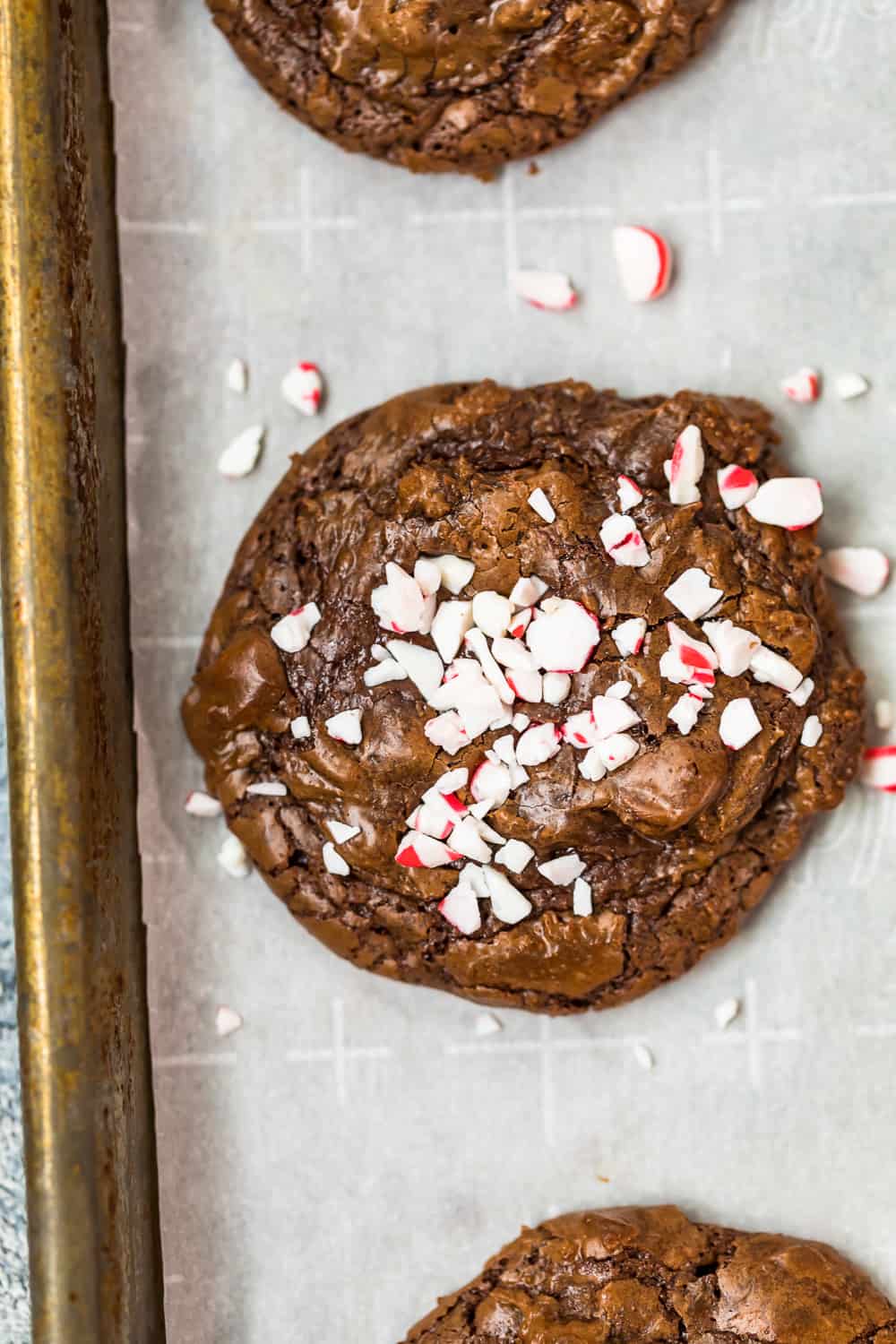 a fudgy brownie cookie topped with crushed peppermint candy