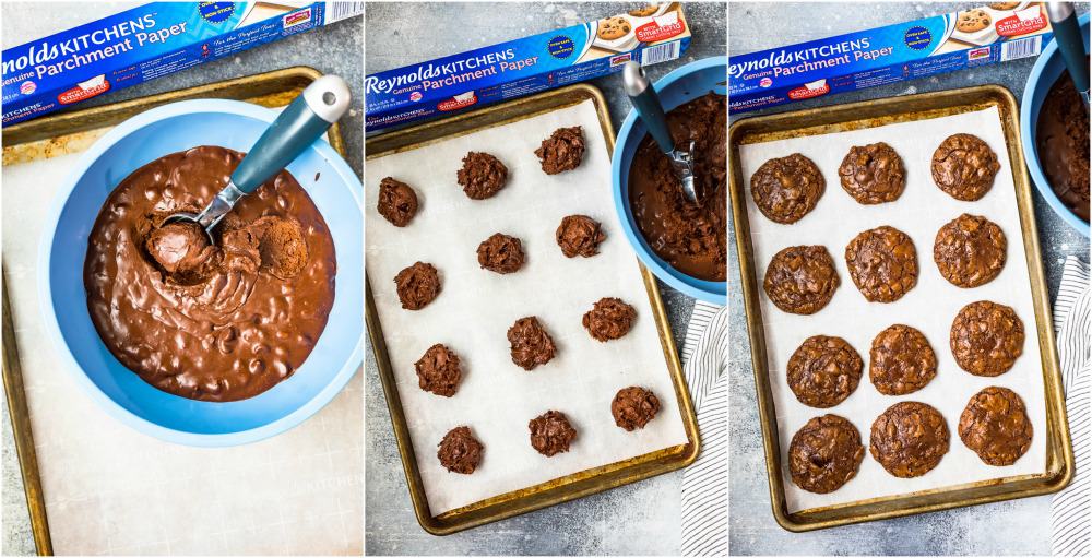 photo collage of scooping cookie dough onto cookie sheet with reynolds parchment paper