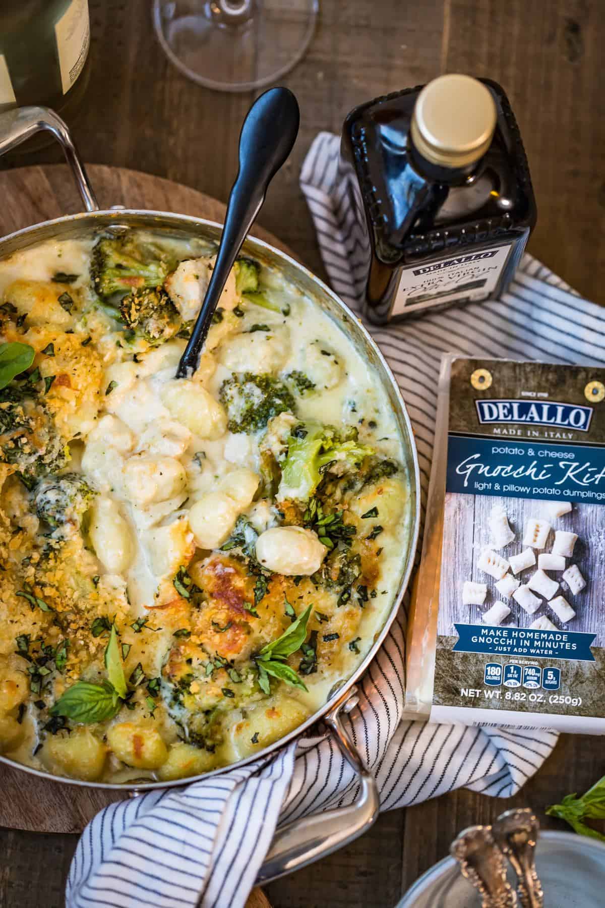 Over the top view of Chicken Alfredo Gnocchi Bake with Delallo Gnocchi Kit