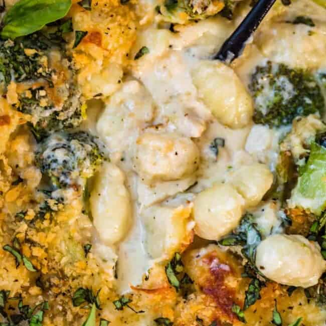 Chicken Alfredo Gnocchi Bake pull up