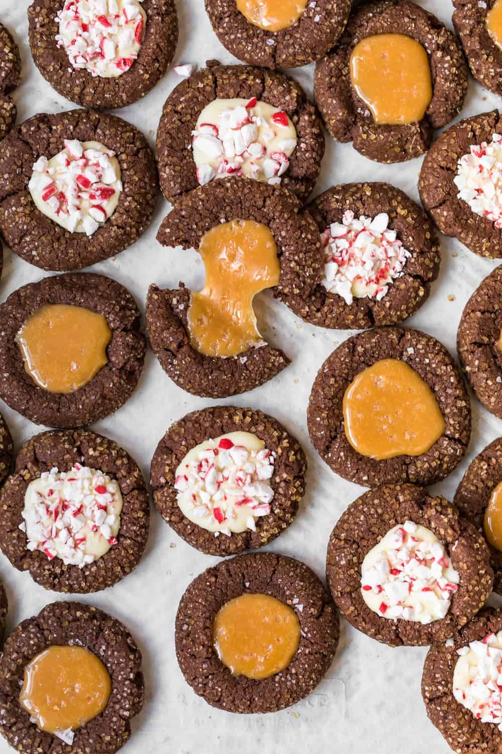 overhead shot of cookies arranged on a baking sheet