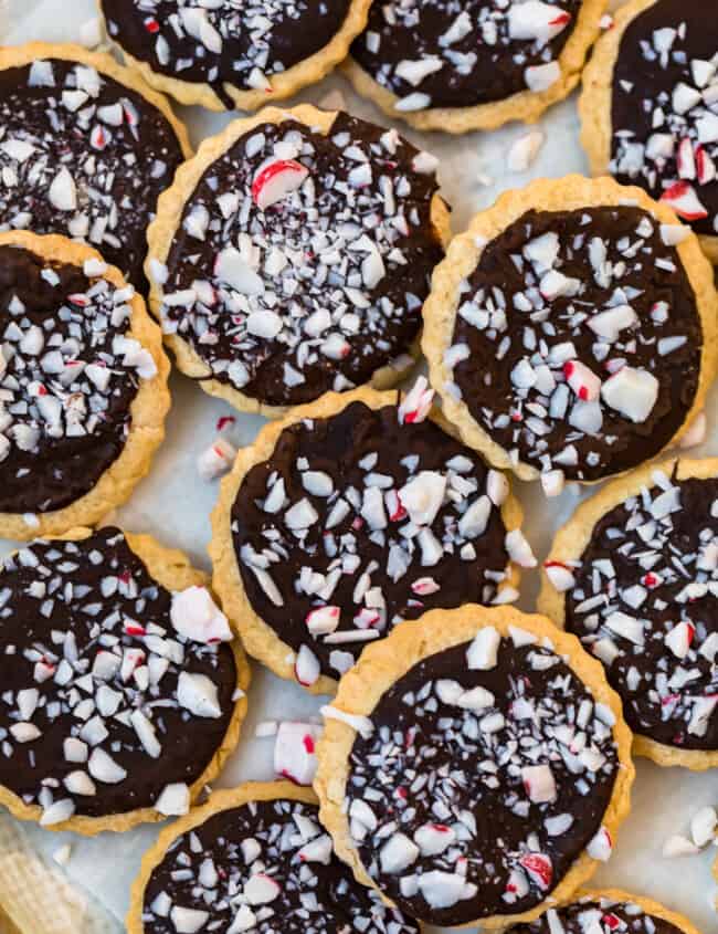 copycat pepperidge farm milano cookies topped with crushed peppermint on a plate