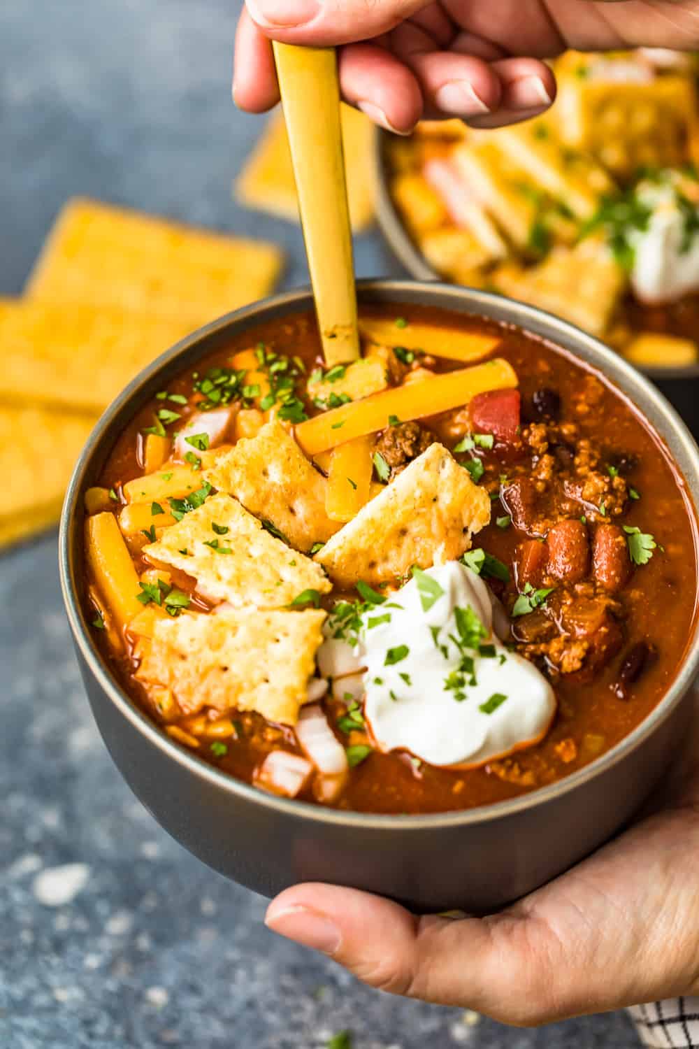 spoon in bowl of homemade chili