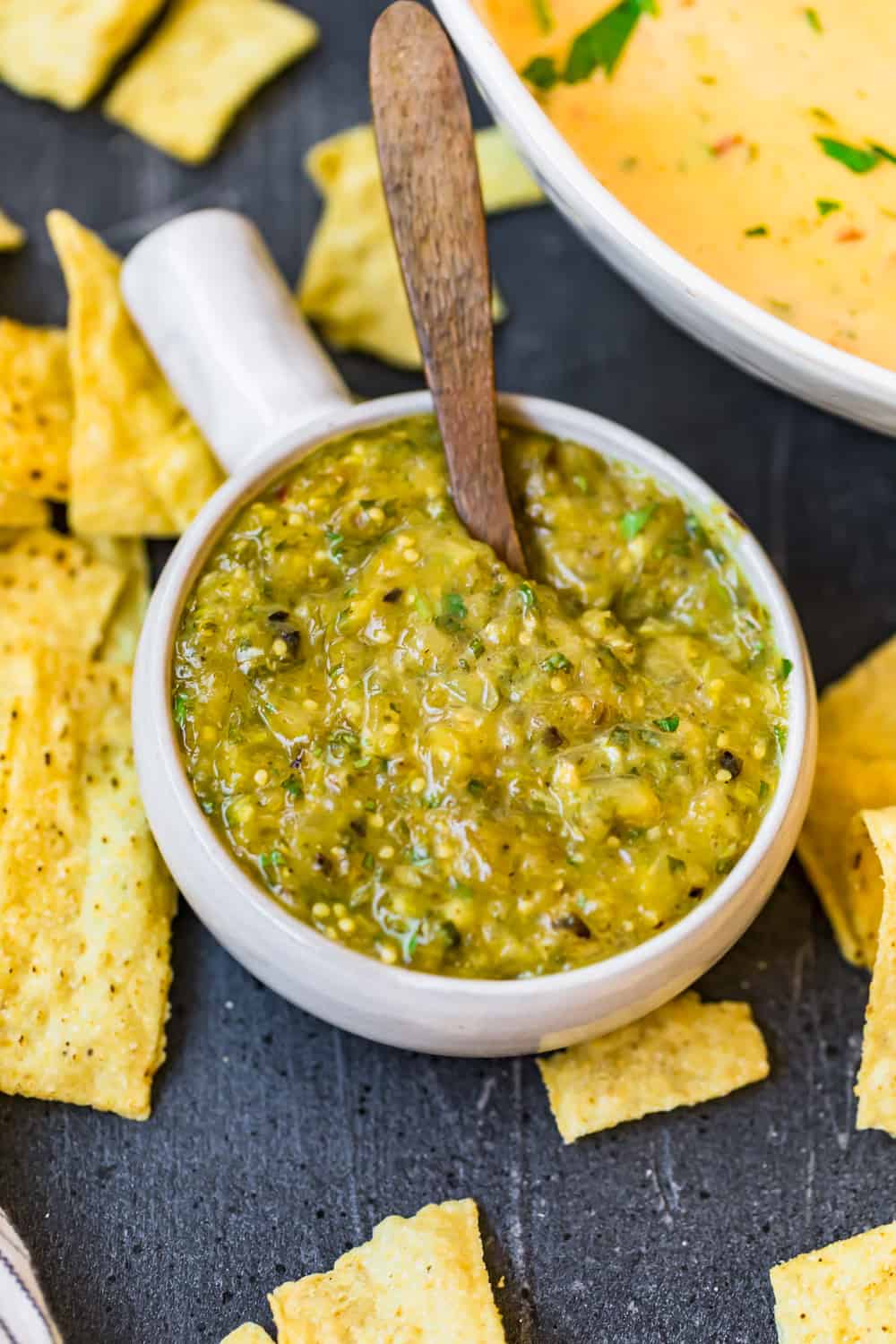 overhead shot of bowl of salsa verde