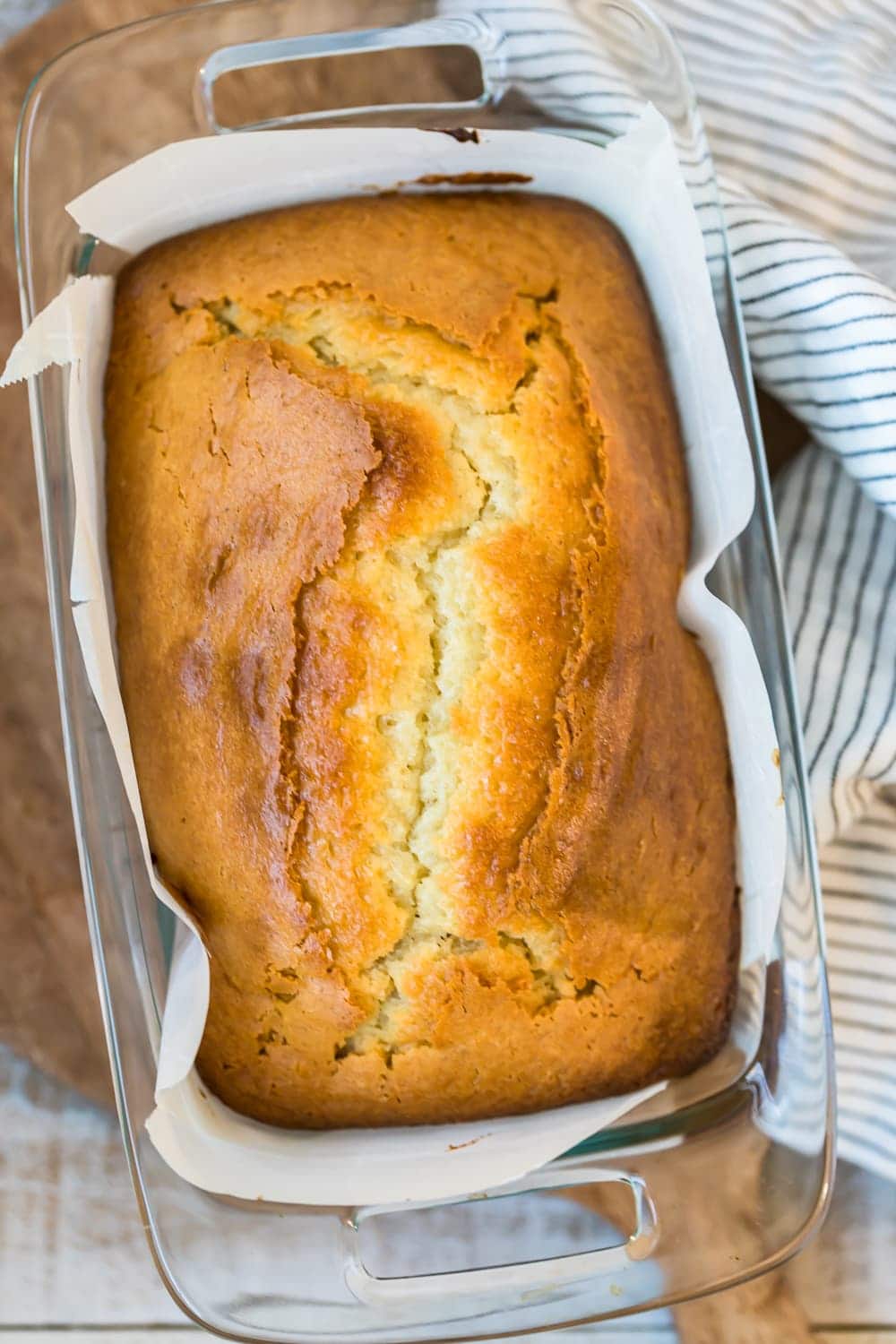 over the top shot of a loaf of bread in a dish