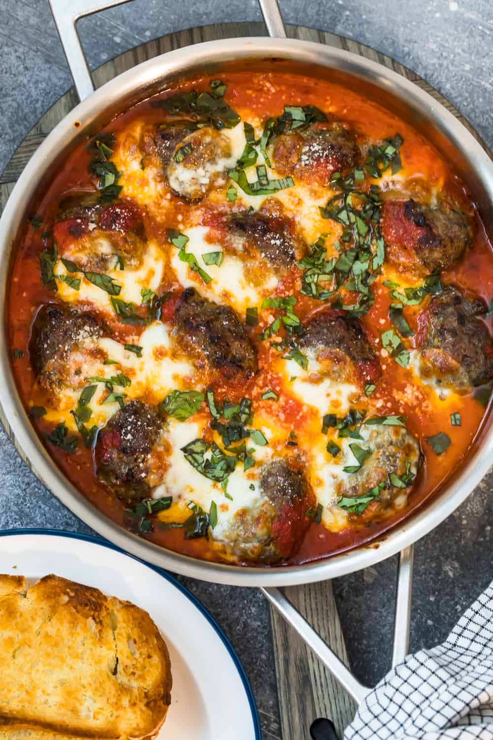 overhead shot of meatball parmesan skillet