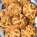 snickerdoodle cookies on a white and blue plate