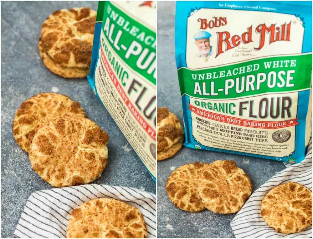 photos of snickernoodle cookies and bob's red mill flour bags