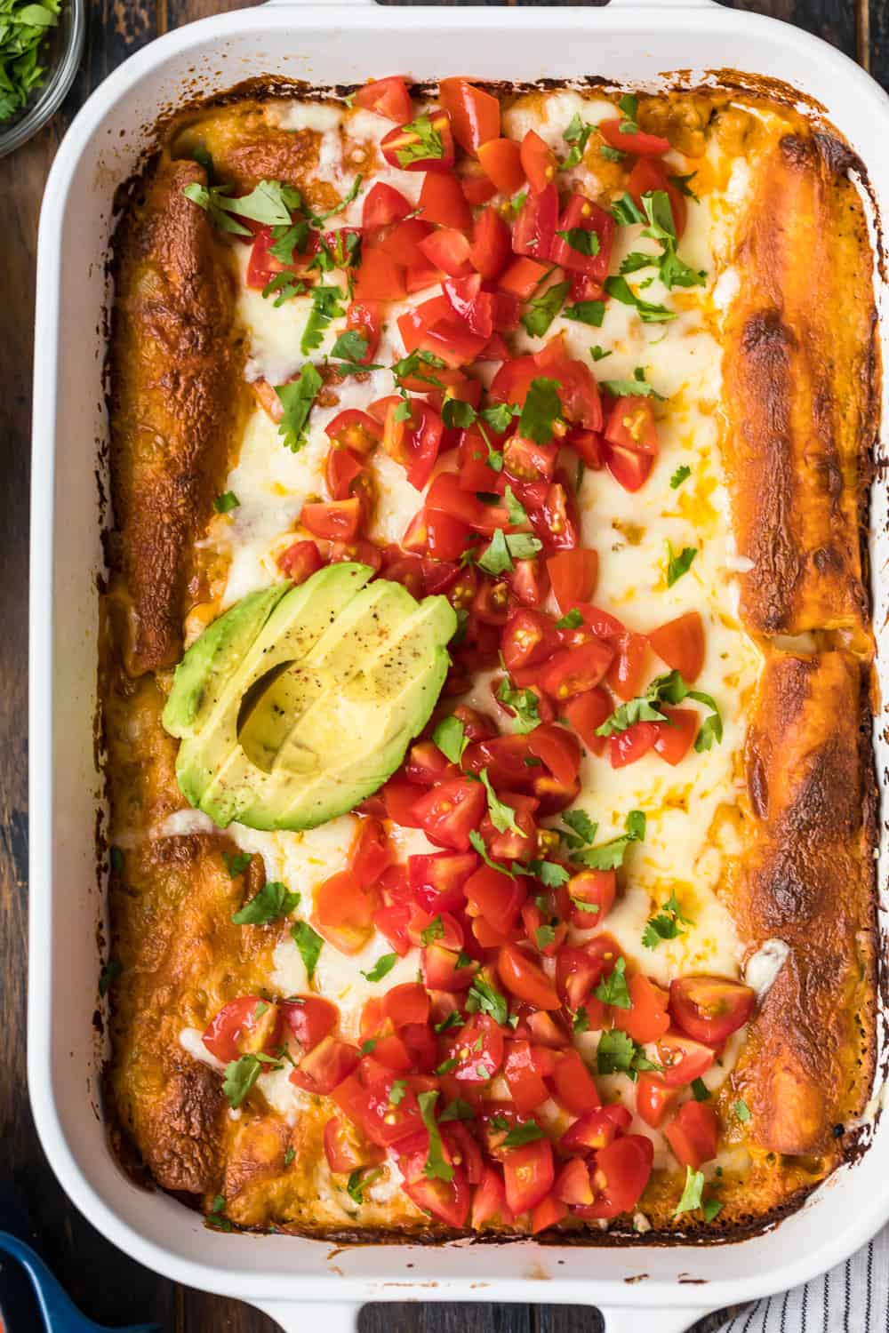 overhead shot of creamy chicken enchiladas