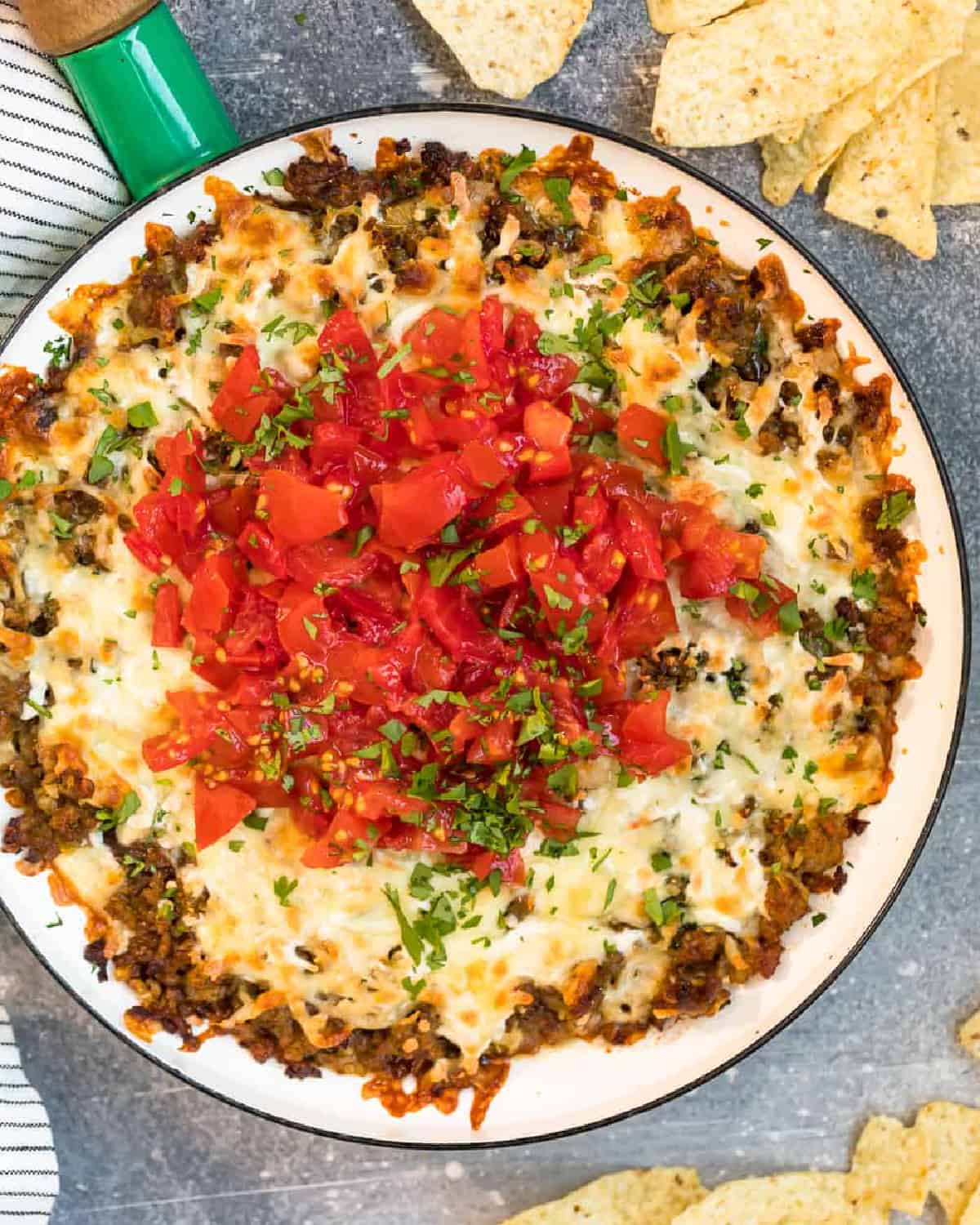 overhead shot of queso fundido in skillet