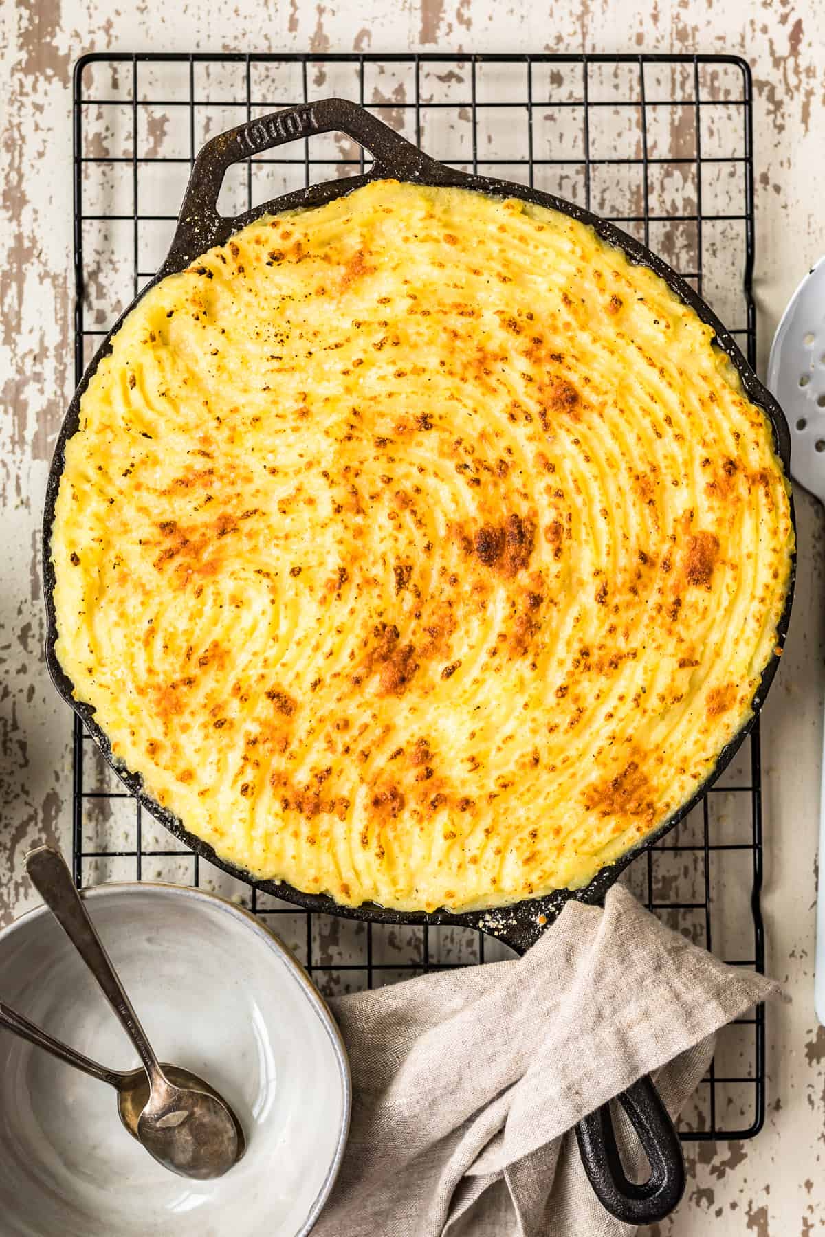 top down shot of cottage pie in skillet