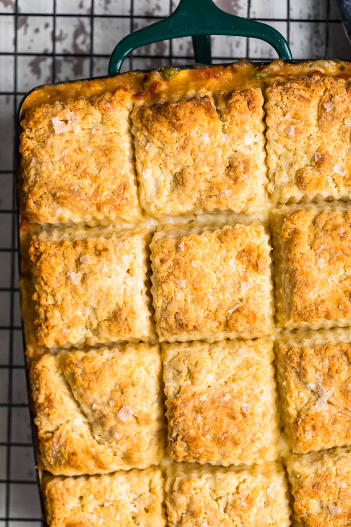 close up view of chicken pot pie in a baking dish