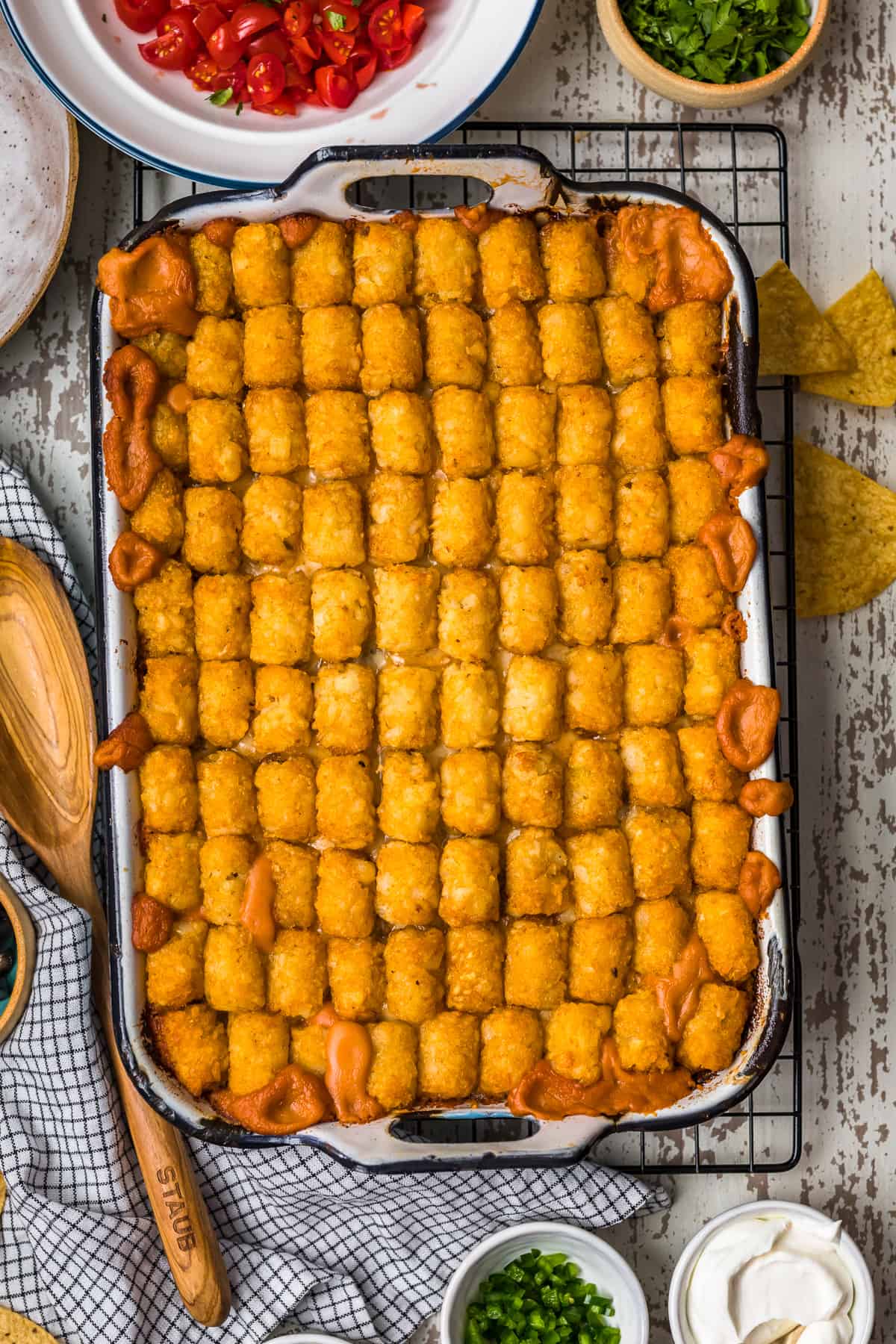 tater tots in baking dish