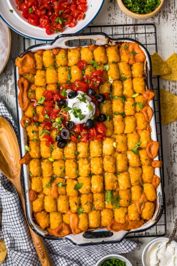 mexican tater tot casserole in a baking dish