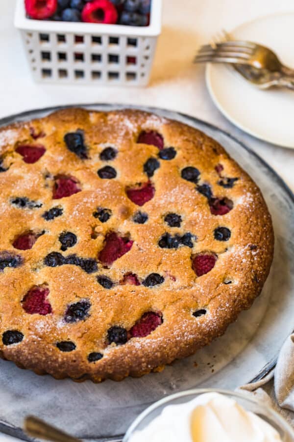 Blueberry Raspberry Coffee Cake ready to slice