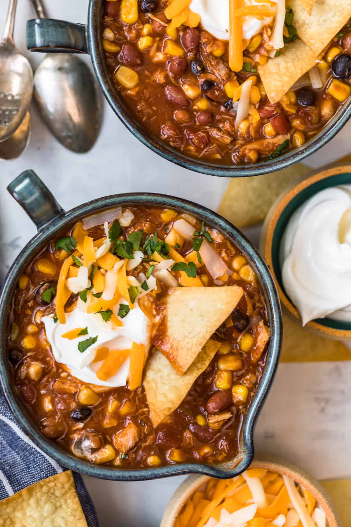 Overhead shot of chicken taco soup in a bowl