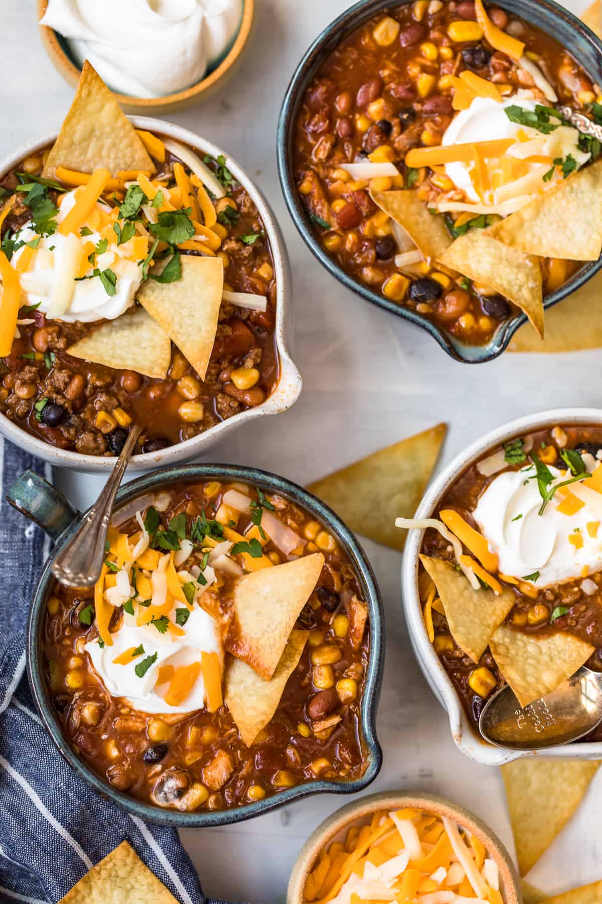 Four bowls of chicken taco soup