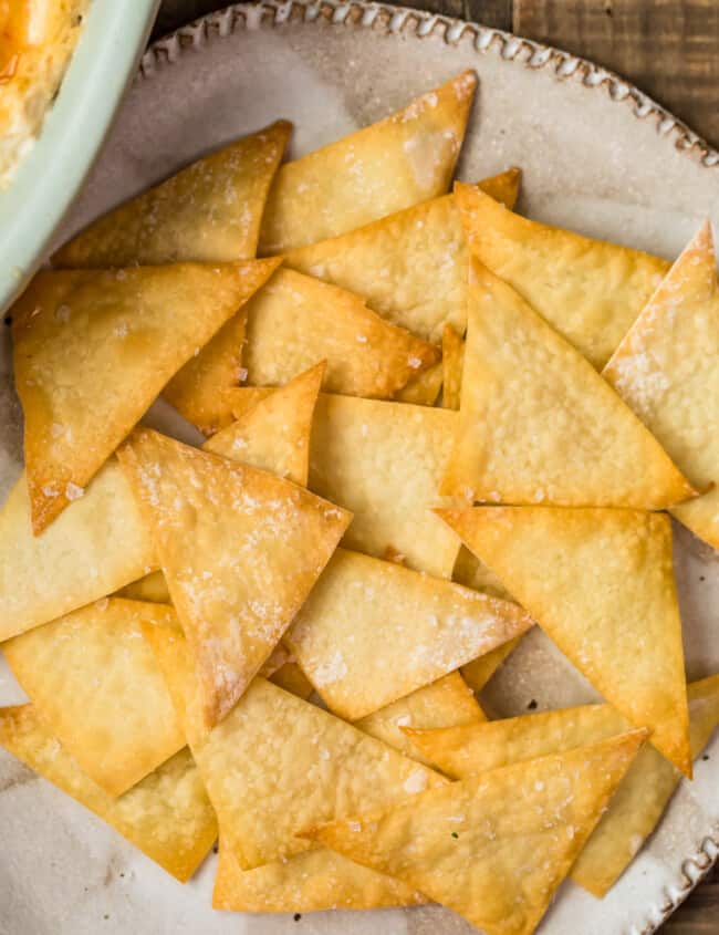 homemade wonton chips on a plate