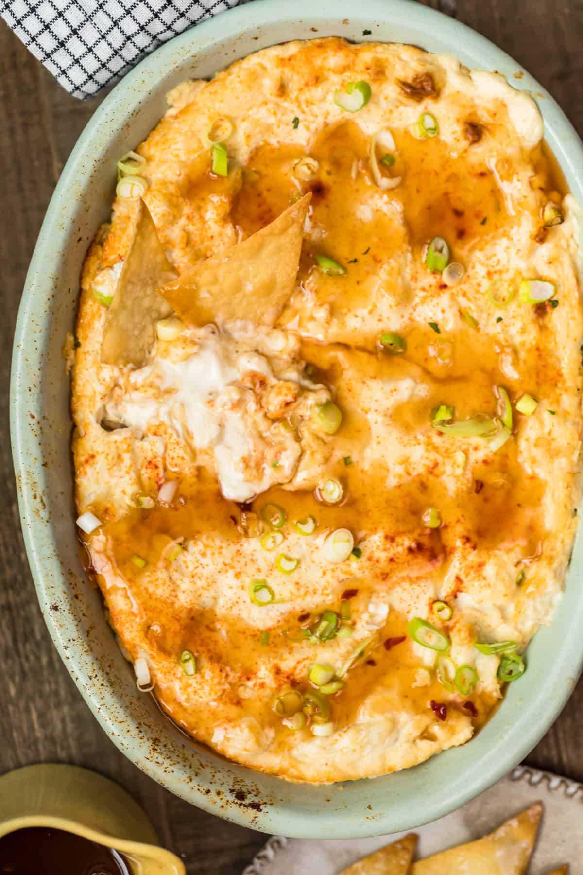 Crab rangoon dip in a baking dish ready to serve