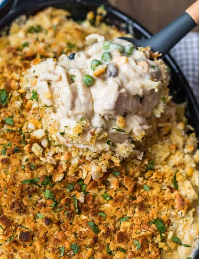 tuna noodle casserole in baking dish