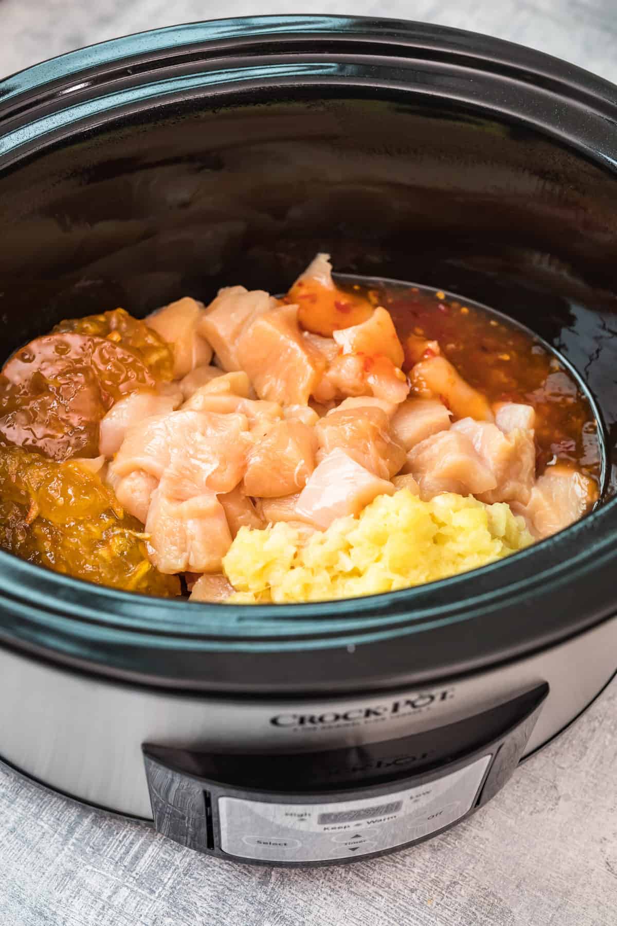 all the ingredients in the crockpot before cooked