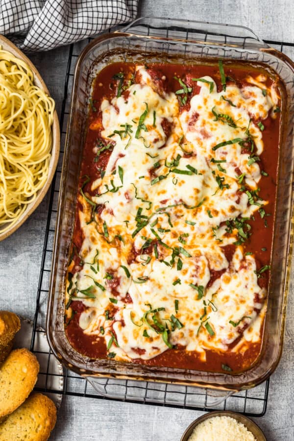 easy chicken parmesan in casserole dish