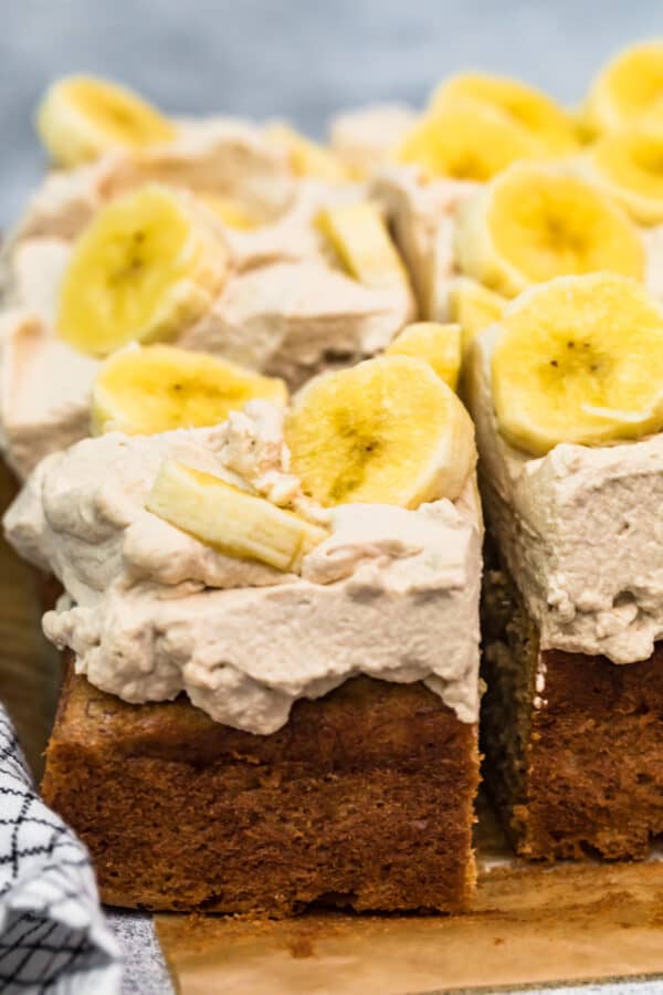 banana cake with kahlua whipped cream and bananas