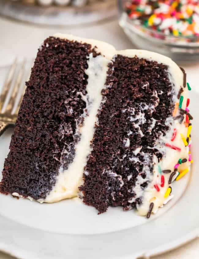 A piece of chocolate cake on a plate, with Icing and Cookie