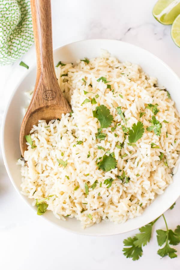 up close image of cilantro lime rice in bowl