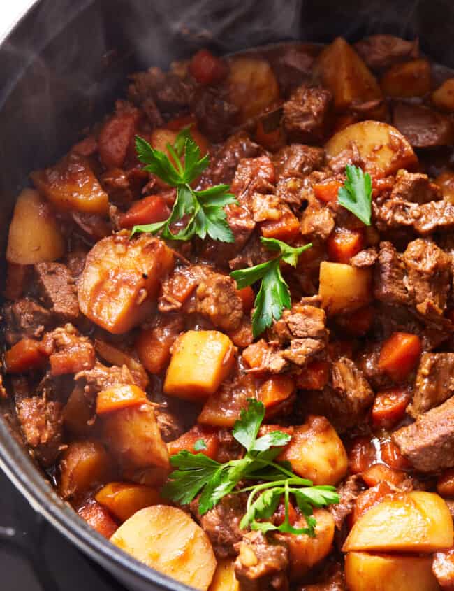 beef stew with red wine in dutch oven