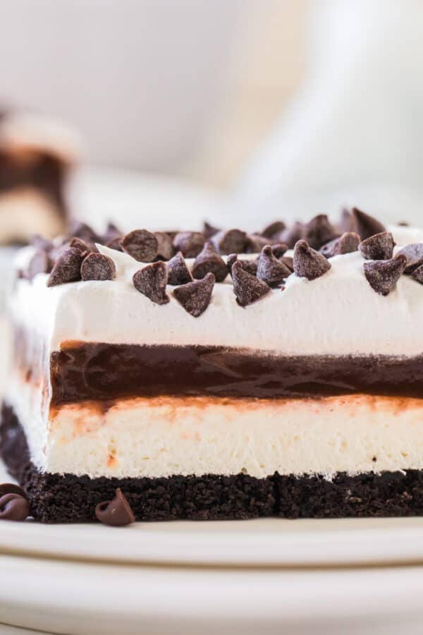 chocolate lasagna on plate showing dessert layers