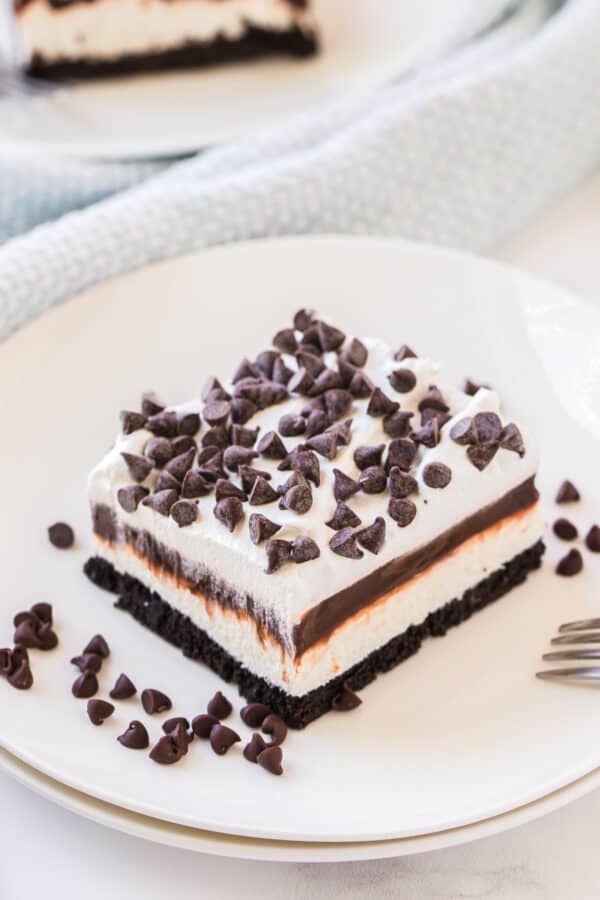 slice of chocolate lasagna on white plate