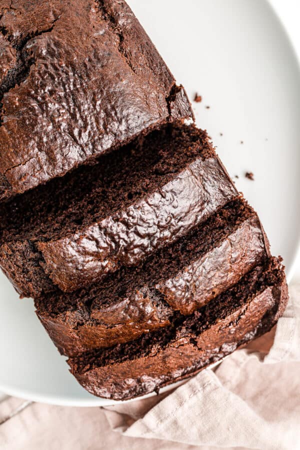 overhead picture of sliced chocolate banana bread