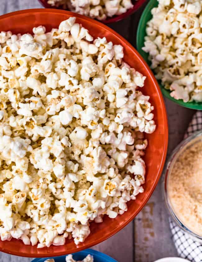 homemade kettle corn in brightly colored bowls