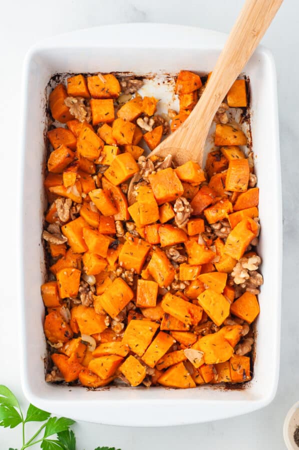 maple roasted sweet potato casserole with walnuts